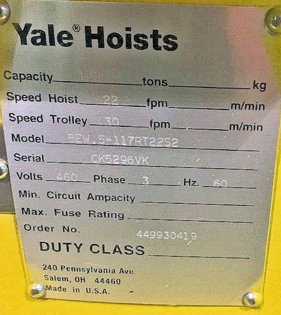 Unused Yale 1/2-ton Capacity Wire Rope Hoist)