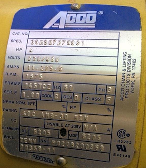 Speedway 5-ton Hoist With Acco 4 Hp Motor)