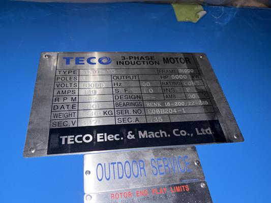 2 Units - UNUSED TECO 5000 kW (6705 HP) Wound Rotor Induction Motors