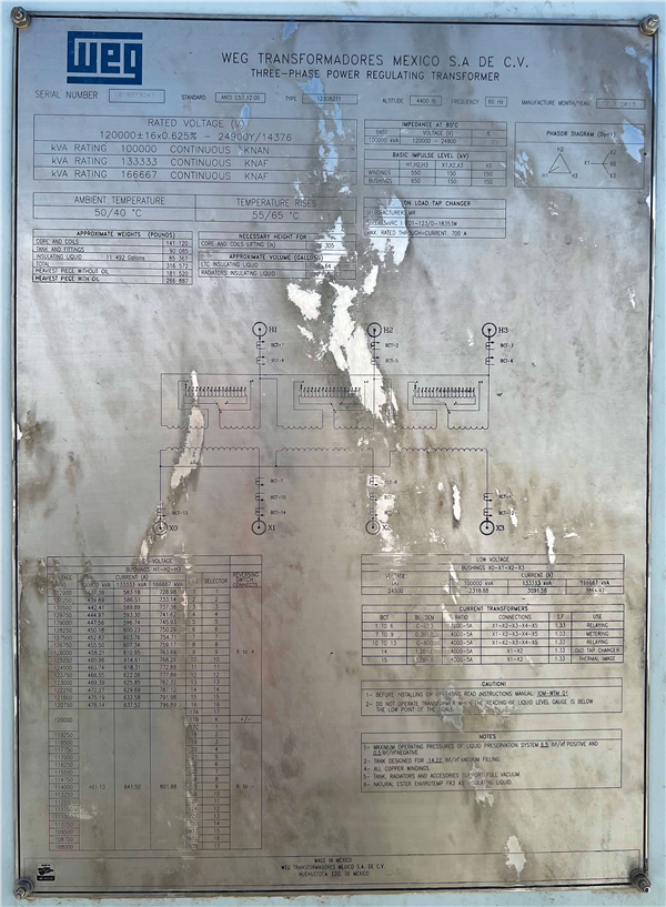 2 Units - Unused Weg Three-phase Power Regulating Transformer/substation, Rated Voltage 120,000 +/- 16 X 0.625% - 24,900y/14376)