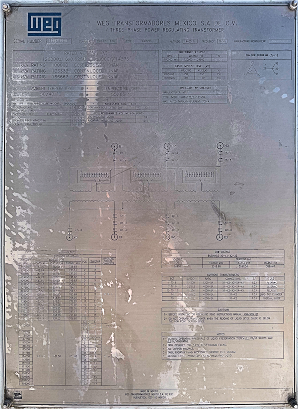2 Units - Unused Weg Three-phase Power Regulating Transformer/substation, Rated Voltage 120,000 +/- 16 X 0.625% - 24,900y/14376)