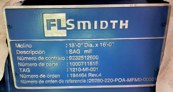 Unused Flsmidth 18' Dia X 16' L Sag Mill, 2,300 Kw (3084 Hp))
